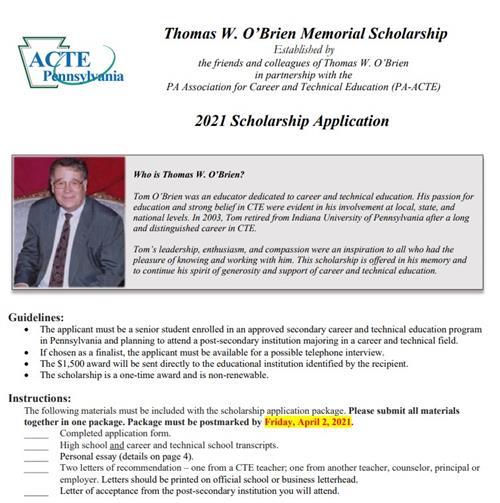 Thomas OBrien Memorial Scholarship 2021